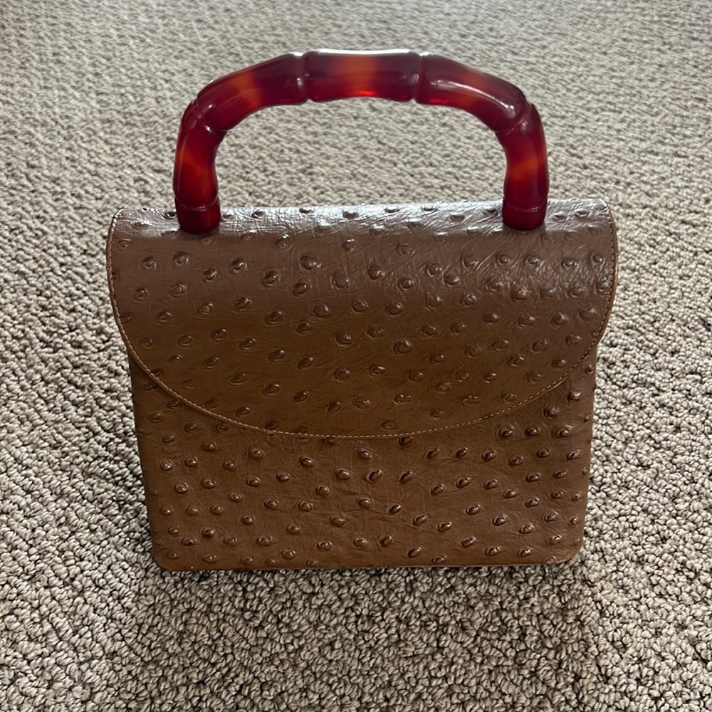 Brown Faux-Ostrich Top-Handle Bag with Amber Handle